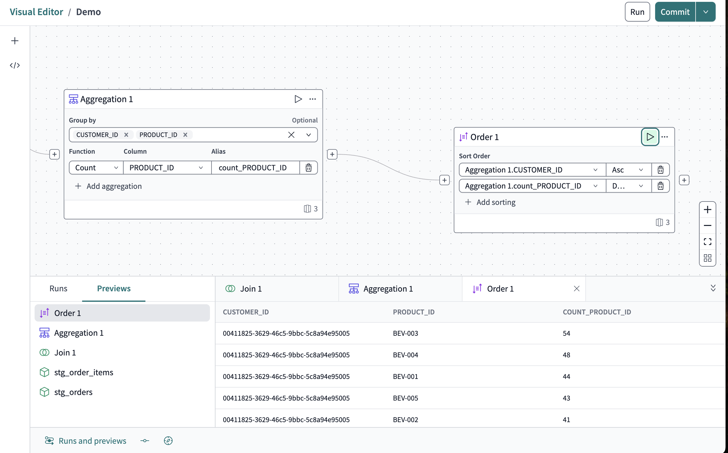 The ordered data operator tile config and data preview.