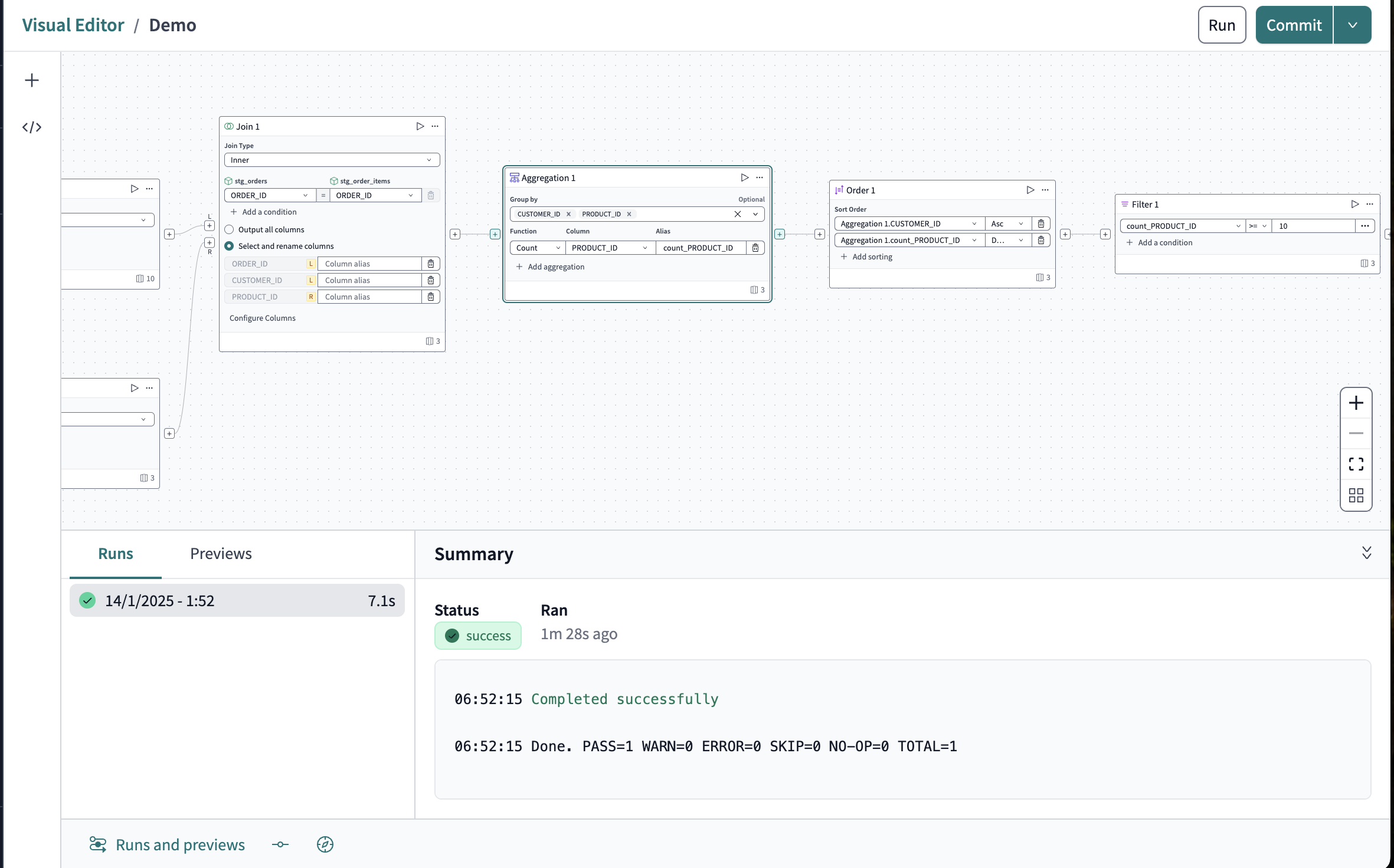 The results of a successful run in the 'Runs and previews' pane. The results of a successful run in the 'Runs and previews' pane.